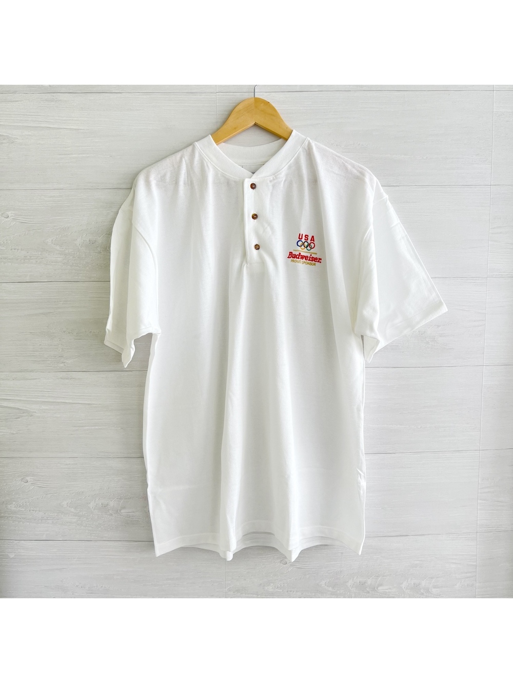 Vintage 1996 Budweiser USA Olympics Henley Shirt XL Hanes Made in USA NWOT